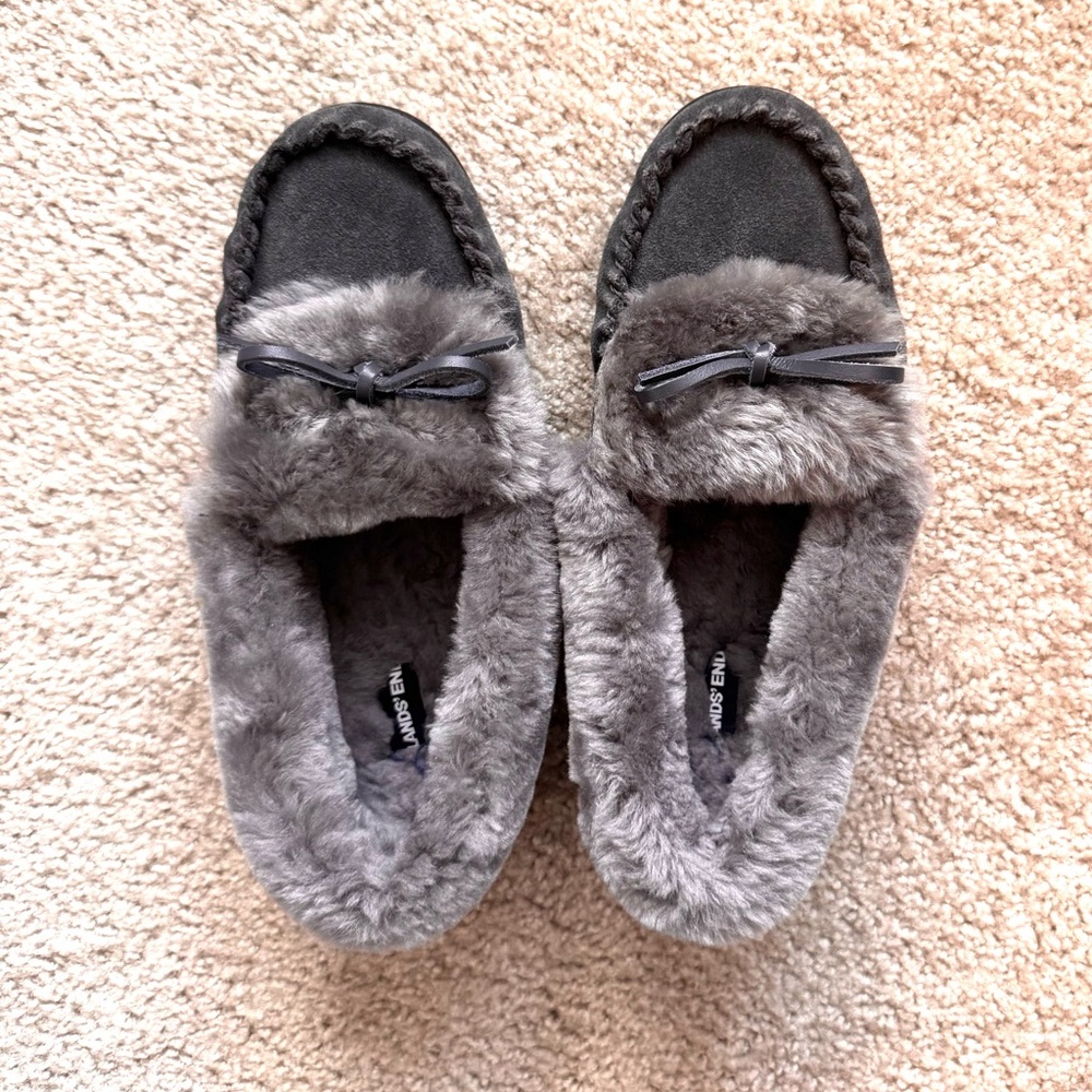 Lands' End Dark Gray Suede , Shearling Moccasin Slippers